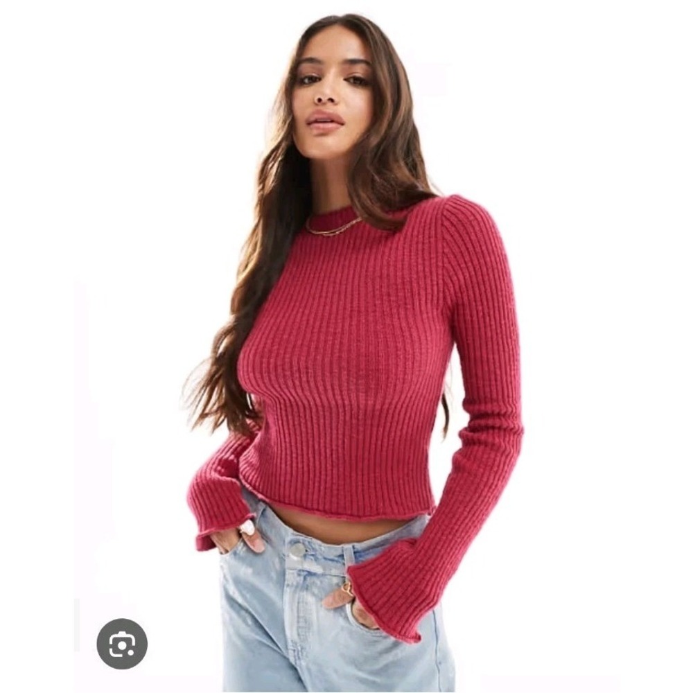 Cotton On Dark Pink Baby Boat Neck Fitted Ribbed Extra Long Sleeves Sweater Sz S
